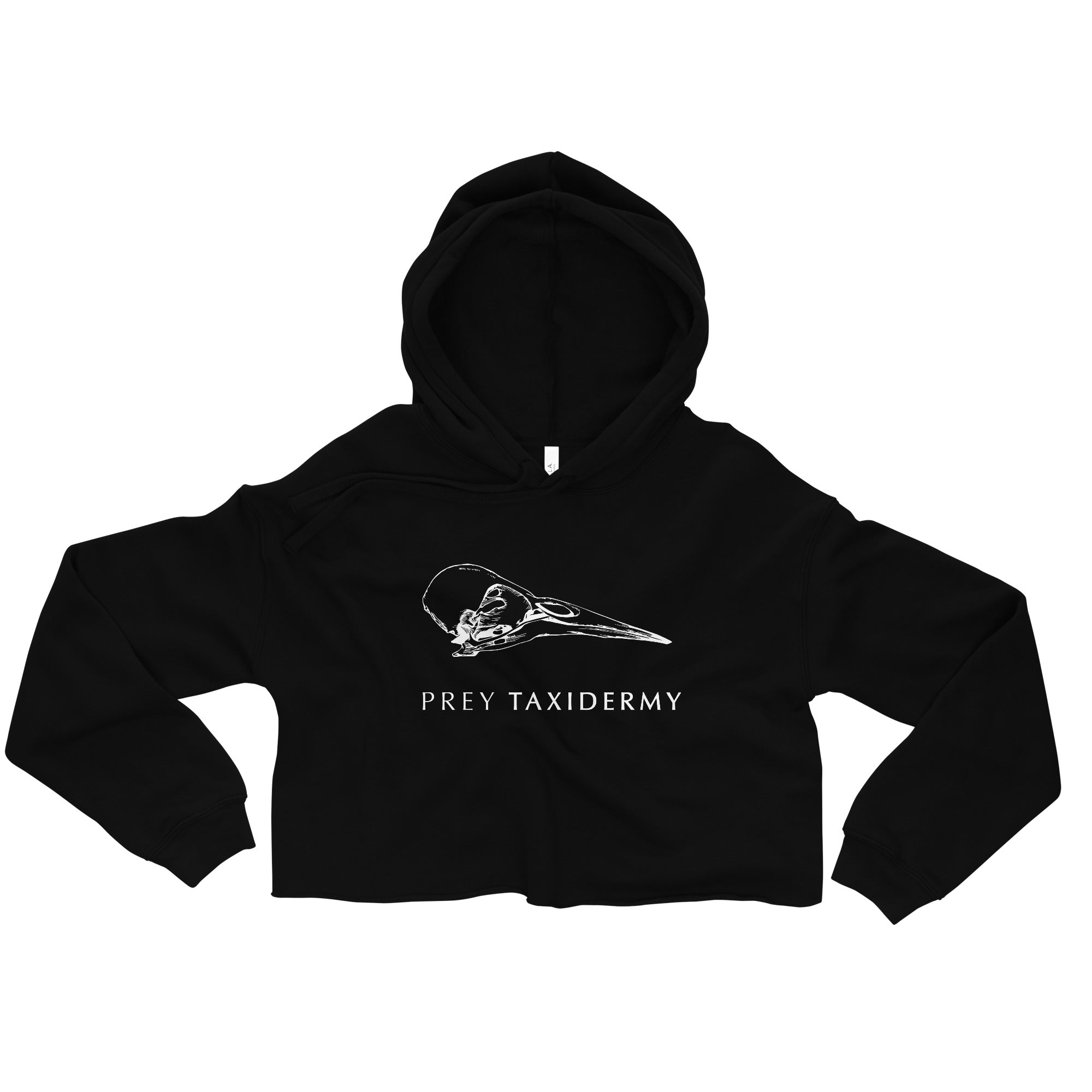 Black Crop Hoodie | Black Cropped Hoodie | Prey Taxidermy Logo in White | White Background